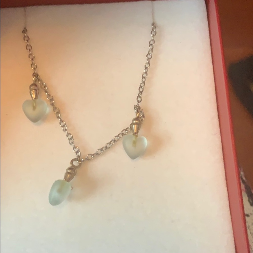 Sterling silver necklace-3 blue heart stone drop